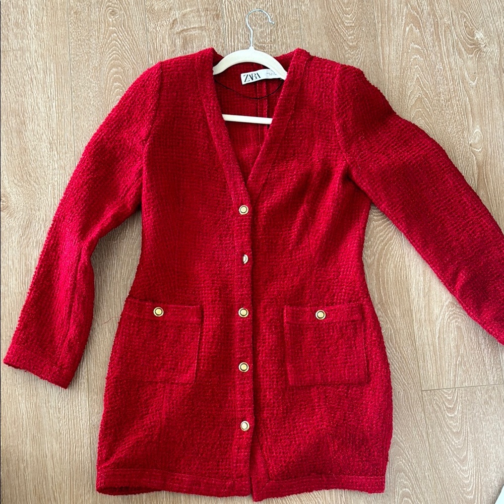 Zara Red dress with Long Sleeves and V-Neckline